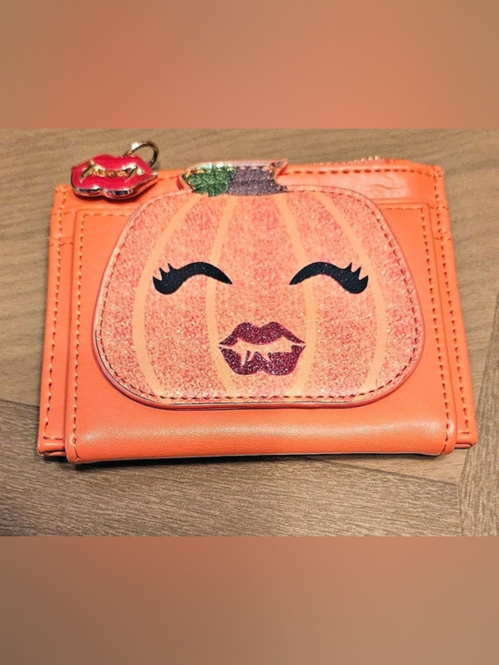 Betsey Johnson Gourdgeous Pumpkin Card Case Wallet Orange & Black